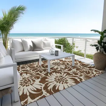 3' X 5' Brown And Ivory Floral Washable Indoor Outdoor Area Rug