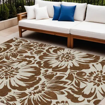 10' X 14' Brown and Ivory Floral Washable Non Skid Indoor Outdoor Area Rug