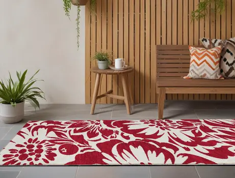 8' Runner Burgundy and White Floral Washable Non Skid Indoor Outdoor Runner Rug