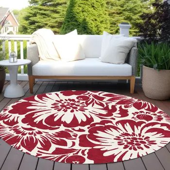 8' Round Burgundy and White Round Floral Washable Non Skid Indoor Outdoor Area Rug