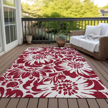 9' X 12' Burgundy and White Floral Washable Non Skid Indoor Outdoor Area Rug
