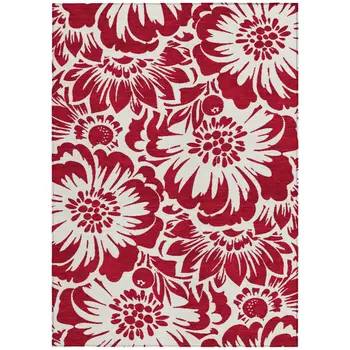 10' X 14' Burgundy and White Floral Washable Non Skid Indoor Outdoor Area Rug
