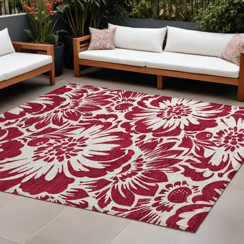 10' X 14' Burgundy and White Floral Washable Non Skid Indoor Outdoor Area Rug