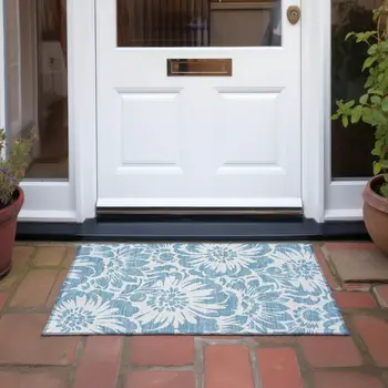 2' X 3' Denim and Ivory Floral Washable Non Skid Indoor Outdoor Area Rug