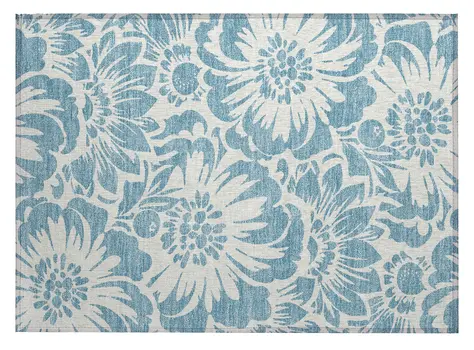 2' X 3' Denim and Ivory Floral Washable Non Skid Indoor Outdoor Area Rug