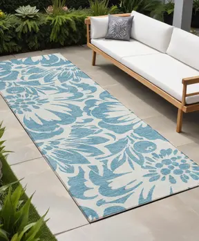 8' Runner Denim and Ivory Floral Washable Non Skid Indoor Outdoor Runner Rug