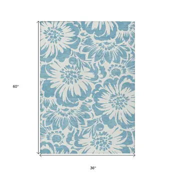 3' X 5' Denim and Ivory Floral Washable Non Skid Indoor Outdoor Area Rug