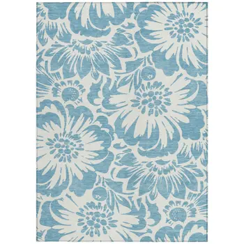 10' X 14' Denim and Ivory Floral Washable Non Skid Indoor Outdoor Area Rug