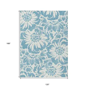10' X 14' Denim and Ivory Floral Washable Non Skid Indoor Outdoor Area Rug