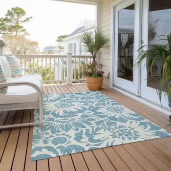 10' X 14' Denim and Ivory Floral Washable Non Skid Indoor Outdoor Area Rug
