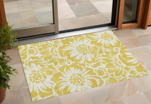 2' X 3' Gold and White Floral Washable Non Skid Indoor Outdoor Area Rug