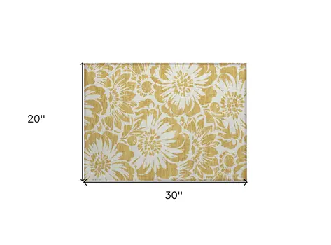 2' X 3' Gold and White Floral Washable Non Skid Indoor Outdoor Area Rug
