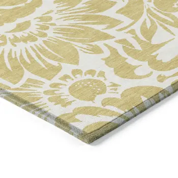8' Runner Gold and White Floral Washable Non Skid Indoor Outdoor Runner Rug