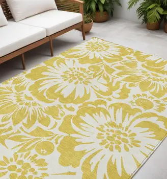 5' X 8' Gold and White Floral Washable Non Skid Indoor Outdoor Area Rug