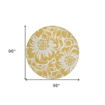 8' Round Gold and White Round Floral Washable Non Skid Indoor Outdoor Area Rug