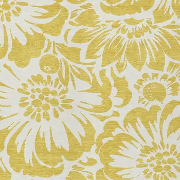 8' X 10' Gold and Ivory Floral Washable Non Skid Indoor Outdoor Area Rug