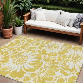 10' X 14' Gold and White Floral Washable Non Skid Indoor Outdoor Area Rug
