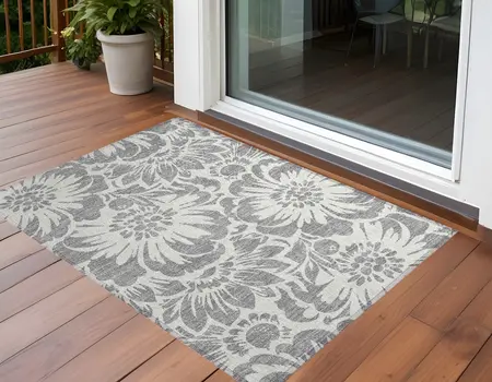 2' X 3' Gray and Ivory Floral Washable Non Skid Indoor Outdoor Area Rug
