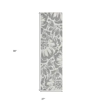 8' Runner Gray and Ivory Floral Washable Non Skid Indoor Outdoor Runner Rug