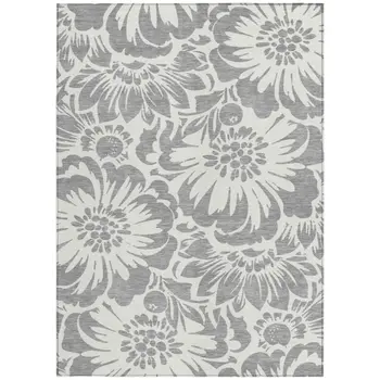 3' X 5' Gray and Ivory Floral Washable Non Skid Indoor Outdoor Area Rug
