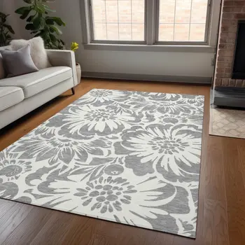 3' X 5' Gray and Ivory Floral Washable Non Skid Indoor Outdoor Area Rug