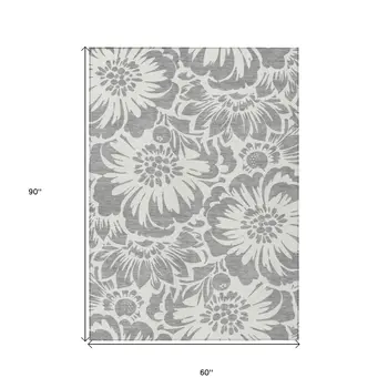 5' X 8' Gray and Ivory Floral Washable Non Skid Indoor Outdoor Area Rug