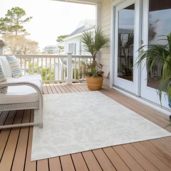 5' X 8' Ivory Floral Washable Non Skid Indoor Outdoor Area Rug