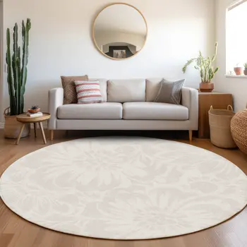 8' Round Ivory Round Floral Washable Non Skid Indoor Outdoor Area Rug