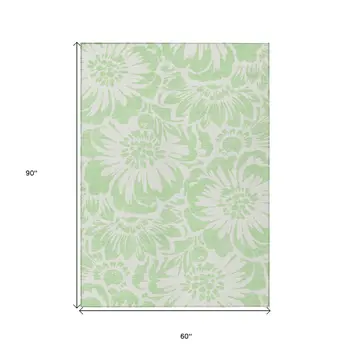 5' X 8' Mint Green and Ivory Floral Washable Non Skid Indoor Outdoor Area Rug