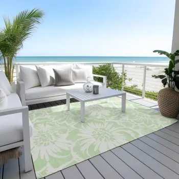 5' X 8' Mint Green and Ivory Floral Washable Non Skid Indoor Outdoor Area Rug