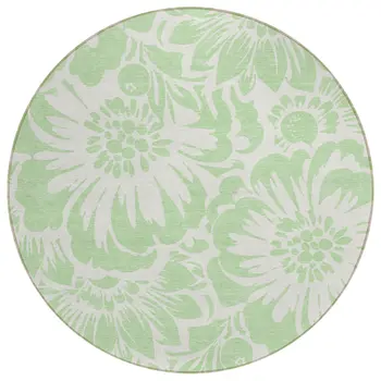 8' Round Mint Green and Ivory Round Floral Washable Non Skid Indoor Outdoor Area Rug