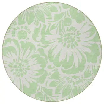 8' Round Mint Green and Ivory Round Floral Washable Non Skid Indoor Outdoor Area Rug