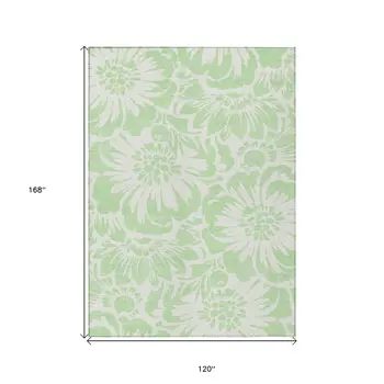 10' X 14' Mint Green and Ivory Floral Washable Non Skid Indoor Outdoor Area Rug