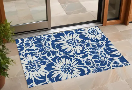 2' X 3' Navy and Ivory Floral Washable Non Skid Indoor Outdoor Area Rug