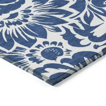 8' Runner Navy and Ivory Floral Washable Non Skid Indoor Outdoor Runner Rug