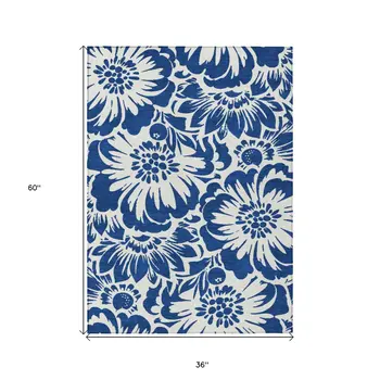 3' X 5' Navy and Ivory Floral Washable Non Skid Indoor Outdoor Area Rug