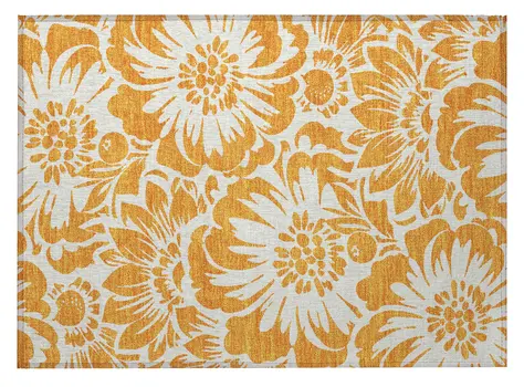 2' X 3' Orange and White Floral Washable Non Skid Indoor Outdoor Area Rug