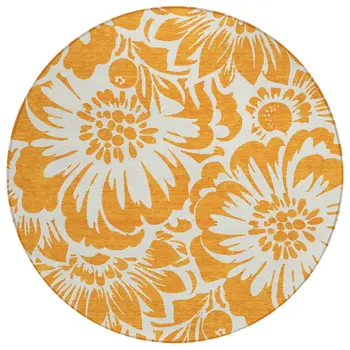 8' Round Orange and White Round Floral Washable Non Skid Indoor Outdoor Area Rug