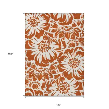 10' X 14' Rust and Ivory Floral Washable Non Skid Indoor Outdoor Area Rug