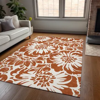 10' X 14' Rust and Ivory Floral Washable Non Skid Indoor Outdoor Area Rug