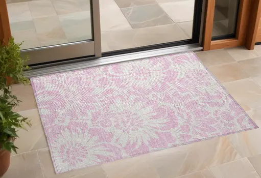 3' X 5' Pink and Ivory Floral Washable Non Skid Indoor Outdoor Area Rug