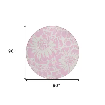 8' Round Pink and Ivory Round Floral Washable Non Skid Indoor Outdoor Area Rug