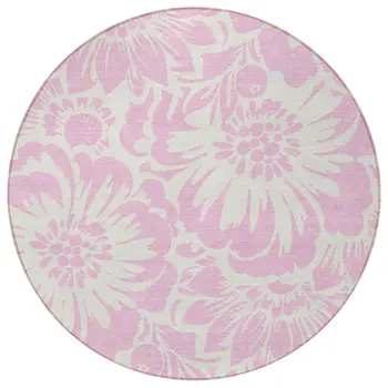 8' Round Pink and Ivory Round Floral Washable Non Skid Indoor Outdoor Area Rug