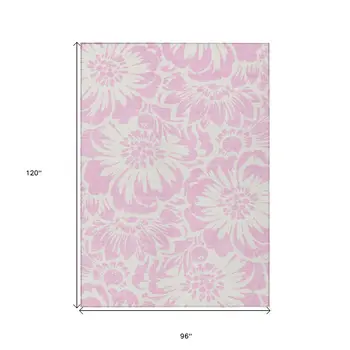 8' X 10' Pink and Ivory Floral Washable Non Skid Indoor Outdoor Area Rug