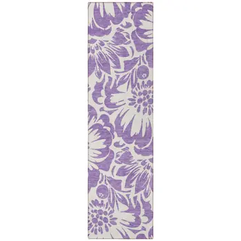 8' Runner Purple and Ivory Floral Washable Non Skid Indoor Outdoor Runner Rug