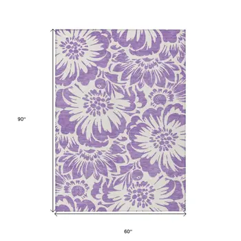 5' X 8' Purple and Ivory Floral Washable Non Skid Indoor Outdoor Area Rug