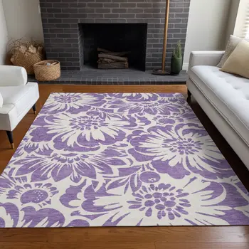 9' X 12' Purple and Ivory Floral Washable Non Skid Indoor Outdoor Area Rug