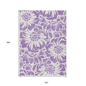10' X 14' Purple and Ivory Floral Washable Non Skid Indoor Outdoor Area Rug
