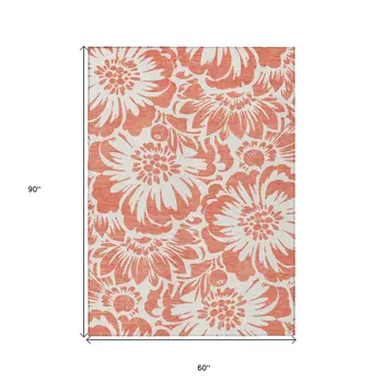 5' X 8' Salmon and Ivory Floral Washable Non Skid Indoor Outdoor Area Rug