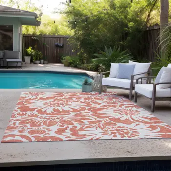 5' X 8' Salmon and Ivory Floral Washable Non Skid Indoor Outdoor Area Rug